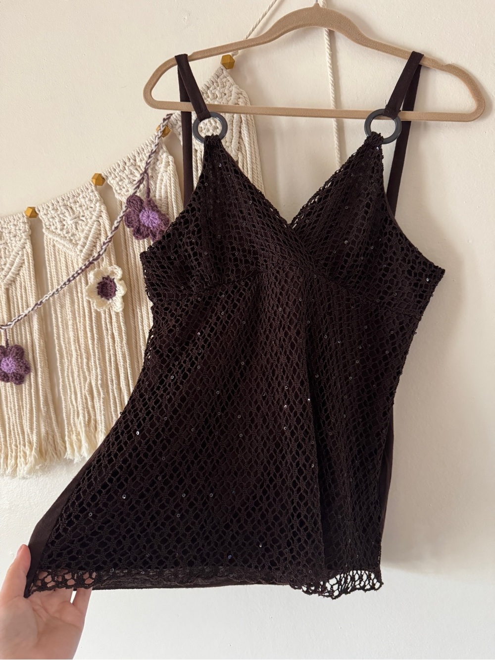 Vanity Black Crochet Camisole with Ring-Strap Accents